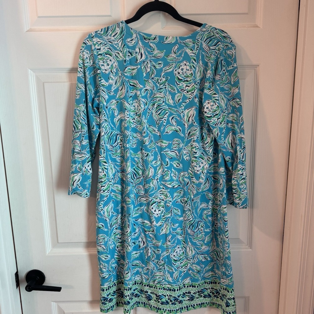 Lilly Pulitzer Nadine Shirtdress Women Sz L Blue Green Floral Animal Split Neck - Picture 2 of 7